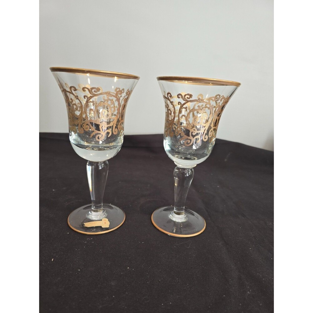 SET of 2 Interglass Italy Clear & Hand Painted 24K Gold Water/Wine Glasses